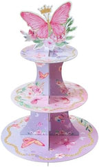 3-Tier Butterfly Round Cupcake Stand, Floral Theme Cardboard Cupcake Tower, Dessert Cup Cake Stand Tower for