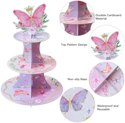 3-Tier Butterfly Round Cupcake Stand, Floral Theme Cardboard Cupcake Tower, Dessert Cup Cake Stand Tower for, alternate view