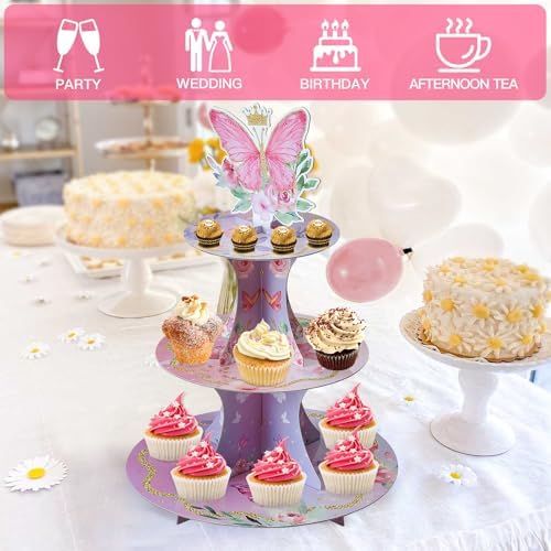 3-Tier Butterfly Round Cupcake Stand, Floral Theme Cardboard Cupcake Tower, Dessert Cup Cake Stand Tower for, alternate view
