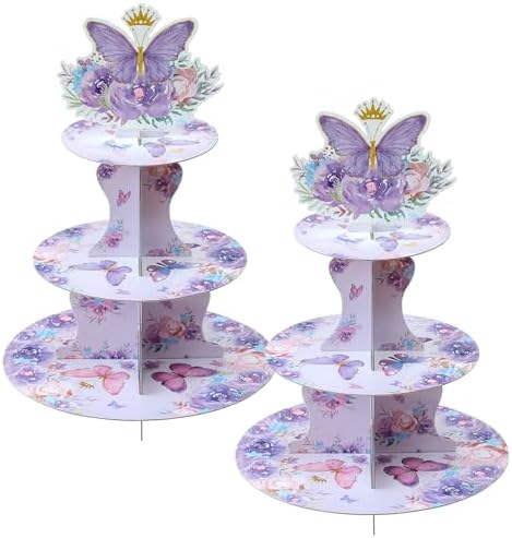 3-Tier Butterfly Round Cupcake Stand, Floral Theme Cardboard Cupcake Tower, Dessert Cup Cake Stand Tower for
