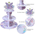 3-Tier Butterfly Round Cupcake Stand, Floral Theme Cardboard Cupcake Tower, Dessert Cup Cake Stand Tower for, alternate view
