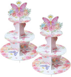 3-Tier Butterfly Round Cupcake Stand, Floral Theme Cardboard Cupcake Tower, Dessert Cup Cake Stand Tower for