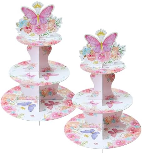 3-Tier Butterfly Round Cupcake Stand, Floral Theme Cardboard Cupcake Tower, Dessert Cup Cake Stand Tower for