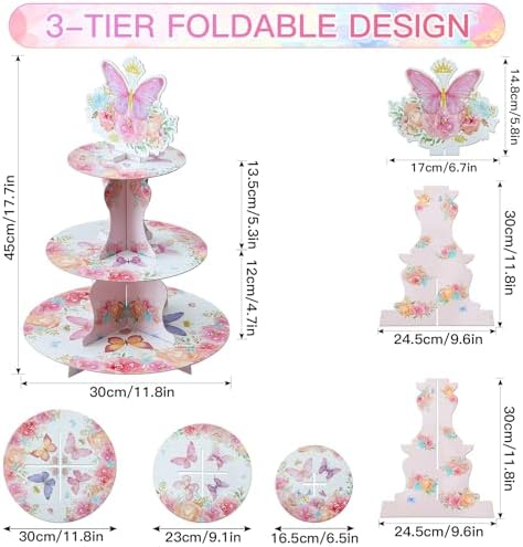 3-Tier Butterfly Round Cupcake Stand, Floral Theme Cardboard Cupcake Tower, Dessert Cup Cake Stand Tower for, alternate view