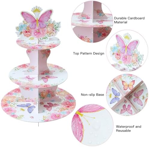 3-Tier Butterfly Round Cupcake Stand, Floral Theme Cardboard Cupcake Tower, Dessert Cup Cake Stand Tower for, alternate view