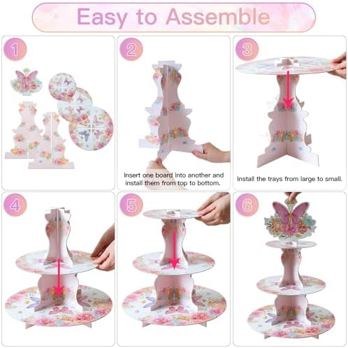 3-Tier Butterfly Round Cupcake Stand, Floral Theme Cardboard Cupcake Tower, Dessert Cup Cake Stand Tower for, alternate view