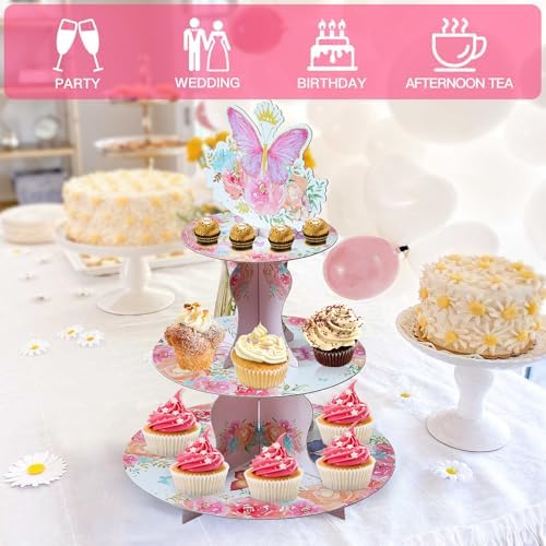 3-Tier Butterfly Round Cupcake Stand, Floral Theme Cardboard Cupcake Tower, Dessert Cup Cake Stand Tower for, alternate view