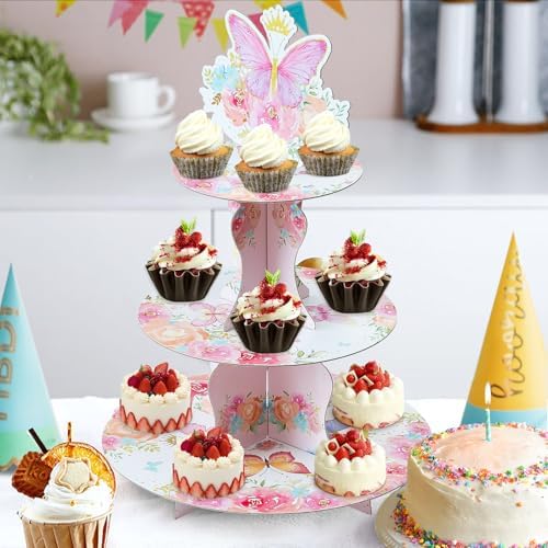 3-Tier Butterfly Round Cupcake Stand, Floral Theme Cardboard Cupcake Tower, Dessert Cup Cake Stand Tower for, alternate view