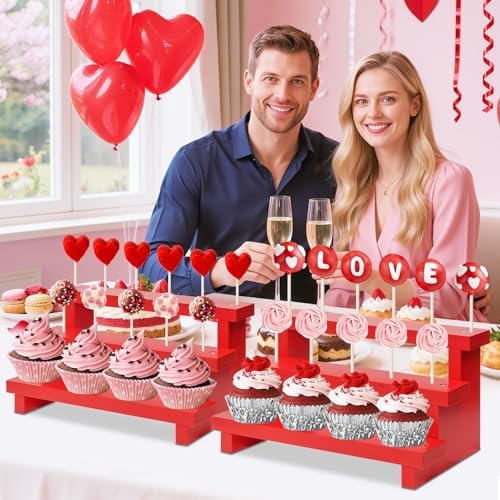 3 Tier Cake Pop Stand, 2 Pack Red 17 Hole Wood Lollipop Display Rack in Red-2P-17 Hole, alternate view 2