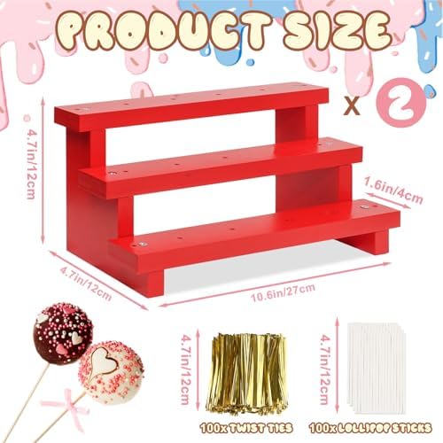 3 Tier Cake Pop Stand, 2 Pack Red 17 Hole Wood Lollipop Display Rack in Red-2P-17 Hole, alternate view 3