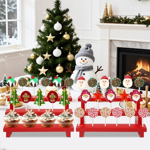 3 Tier Cake Pop Stand, 2 Pack Red 17 Hole Wood Lollipop Display Rack in Red-2P-17 Hole, alternate view 5