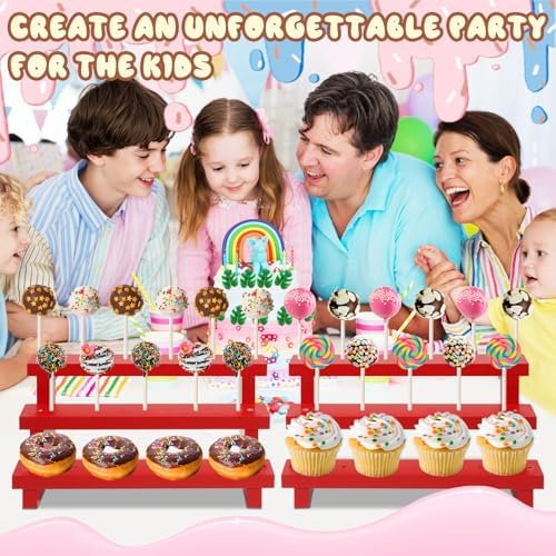 3 Tier Cake Pop Stand, 2 Pack Red 17 Hole Wood Lollipop Display Rack in Red-2P-17 Hole, alternate view 6