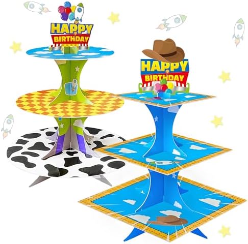 3-Tier Cartoon Story Cupcake Stand 2 Sets Cardboard Rocket Theme Birthday Dessert Holder in Blue, White, Yellow