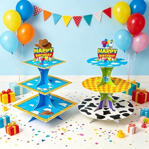 3-Tier Cartoon Story Cupcake Stand 2 Sets Cardboard Rocket Theme Birthday Dessert Holder in Blue, White, Yellow, alternate