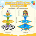 3-Tier Cartoon Story Cupcake Stand 2 Sets Cardboard Rocket Theme Birthday Dessert Holder in Blue, White, Yellow, alternate