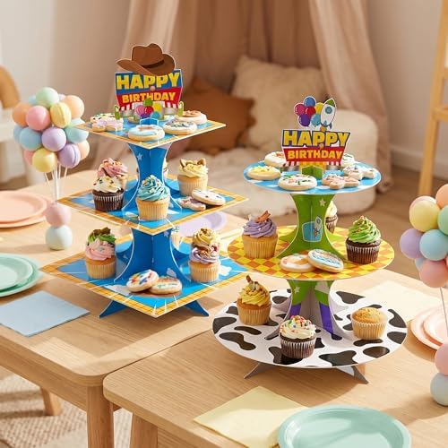 3-Tier Cartoon Story Cupcake Stand 2 Sets Cardboard Rocket Theme Birthday Dessert Holder in Blue, White, Yellow, alternate