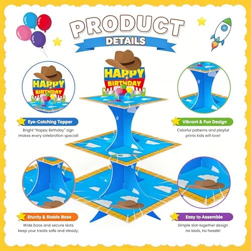 3-Tier Cartoon Story Cupcake Stand 2 Sets Cardboard Rocket Theme Birthday Dessert Holder in Blue, White, Yellow, alternate