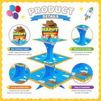 3-Tier Cartoon Story Cupcake Stand 2 Sets Cardboard Rocket Theme Birthday Dessert Holder in Blue, White, Yellow, alternate