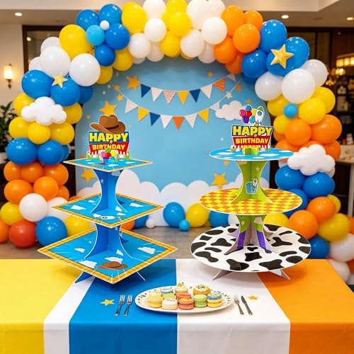 3-Tier Cartoon Story Cupcake Stand 2 Sets Cardboard Rocket Theme Birthday Dessert Holder in Blue, White, Yellow, alternate