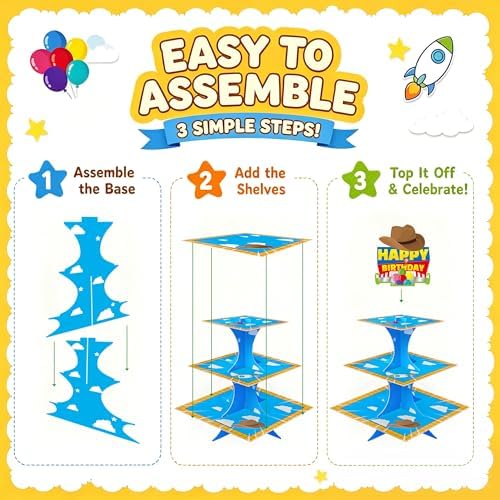 3-Tier Cartoon Story Cupcake Stand 2 Sets Cardboard Rocket Theme Birthday Dessert Holder in Blue, White, Yellow, alternate