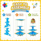 3-Tier Cartoon Story Cupcake Stand 2 Sets Cardboard Rocket Theme Birthday Dessert Holder in Blue, White, Yellow, alternate
