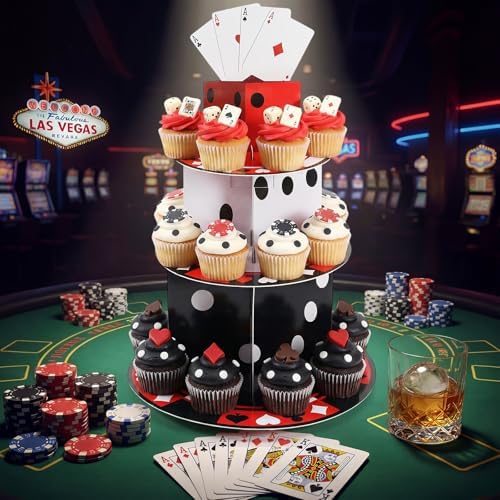 3 Tier Casino Birthday Party Decorations Casino Cupcake Stand in red, black, white, alternate view 2