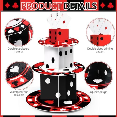 3 Tier Casino Birthday Party Decorations Casino Cupcake Stand in red, black, white, alternate view 4