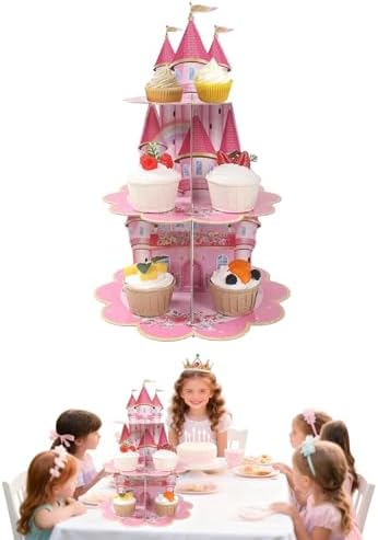 3 Tier Castle Stand, Cupcake Stand Cardboard - Easy to Assemble& Reusable(Pink Castle) in Pink Castle