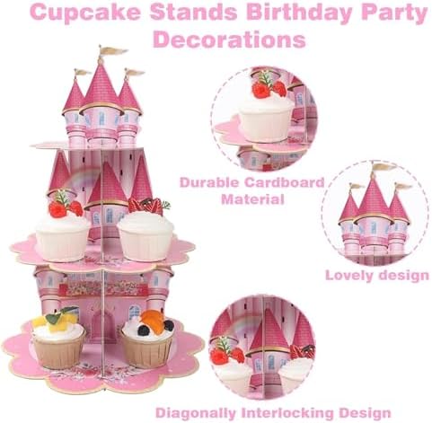 3 Tier Castle Stand, Cupcake Stand Cardboard - Easy to Assemble& Reusable(Pink Castle) in Pink Castle, alternate view 4