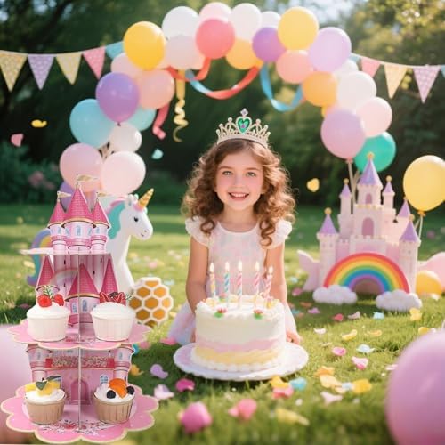 3 Tier Castle Stand, Cupcake Stand Cardboard - Easy to Assemble& Reusable(Pink Castle) in Pink Castle, alternate view 6