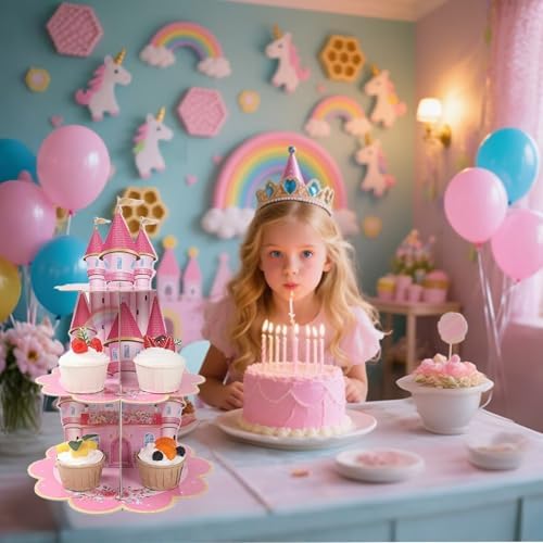 3 Tier Castle Stand, Cupcake Stand Cardboard - Easy to Assemble& Reusable(Pink Castle) in Pink Castle, alternate view 7