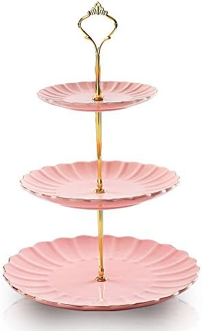 3 Tier Ceramic Cake Stand Wedding, Dessert Cupcake Stand for Tea Party Serving Platter (Pink) in Pink