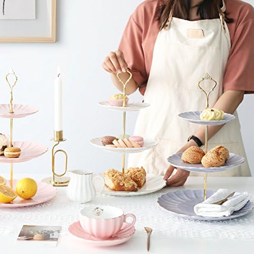 3 Tier Ceramic Cake Stand Wedding, Dessert Cupcake Stand for Tea Party Serving Platter (Pink) in Pink, alternate view 5