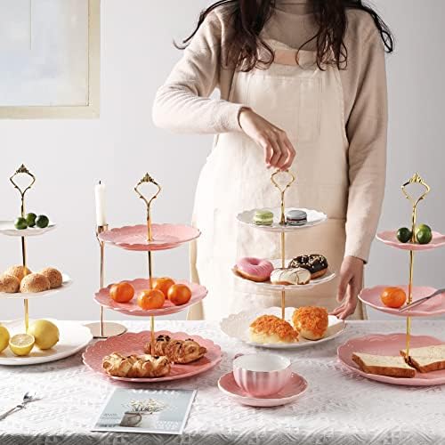 3 Tier Ceramic Cake Stand Wedding, Dessert Cupcake Stand for Tea Party Serving Platter(Rose White) in Rose White, alternate