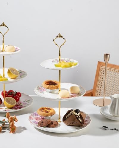 3 Tier Ceramic Cake Stand Wedding, Dessert Cupcake Stand for Tea Party Serving Platter (Rose Flower) in Rose, alternate view