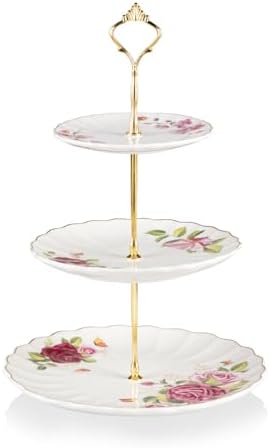 3 Tier Ceramic Cake Stand Wedding, Dessert Cupcake Stand for Tea Party Serving Platter (Fresh Flower) in Fresh