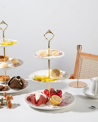 3 Tier Ceramic Cake Stand Wedding, Dessert Cupcake Stand for Tea Party Serving Platter (Fresh Flower) in Fresh, alternate