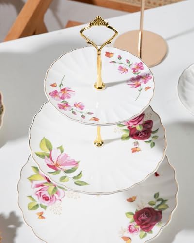 3 Tier Ceramic Cake Stand Wedding, Dessert Cupcake Stand for Tea Party Serving Platter (Fresh Flower) in Fresh, alternate