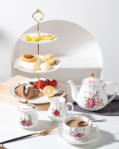 3 Tier Ceramic Cake Stand Wedding, Dessert Cupcake Stand for Tea Party Serving Platter (Fresh Flower) in Fresh, alternate