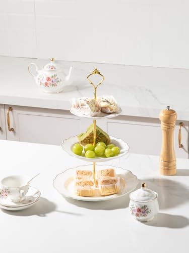 3 Tier Ceramic Cake Stand Wedding, Dessert Cupcake Stand for Tea Party Serving Platter(White) in Pure White, alternate view 2