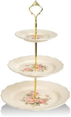 3 Tier Ceramic Cake Stand Wedding, Dessert Cupcake Stand for Tea Party Serving Platter(Rose) in Rose
