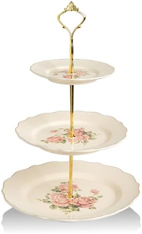 3 Tier Ceramic Cake Stand Wedding, Dessert Cupcake Stand for Tea Party Serving Platter(Rose) in Rose