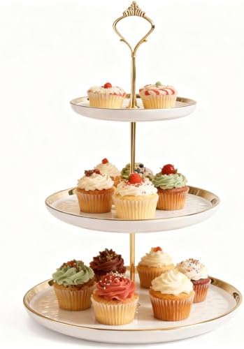 3-Tier Ceramic Cupcake Stand with Gold Trim - Elegant Dessert Serving Platter for Cakes, Pastries, Snacks &