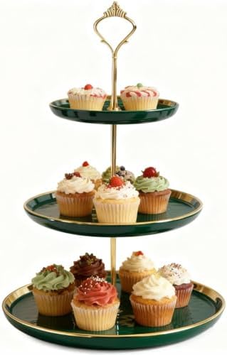 3-Tier Ceramic Cupcake Stand with Gold Trim - Elegant Dessert Serving Platter for Cakes, Pastries, Snacks &