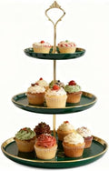3-Tier Ceramic Cupcake Stand with Gold Trim - Elegant Dessert Serving Platter for Cakes, Pastries, Snacks &