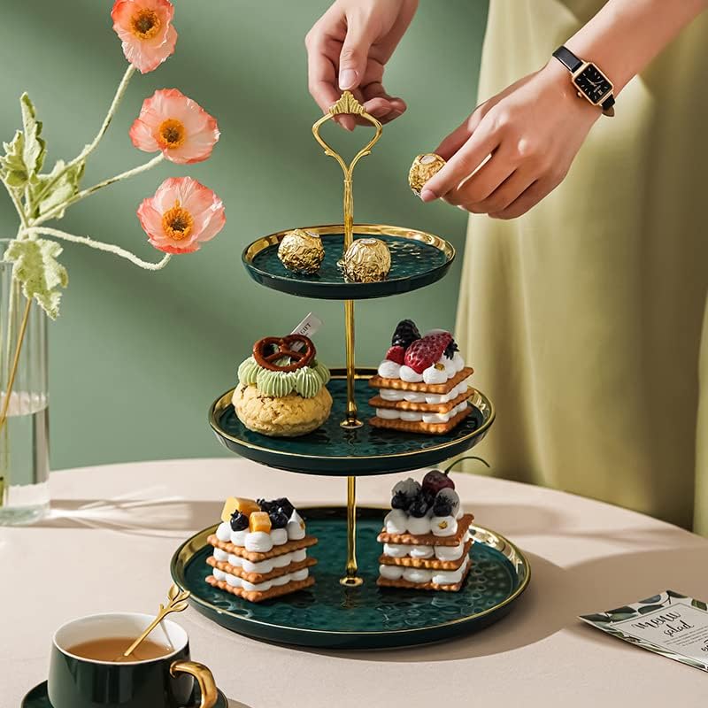 3-Tier Ceramic Cupcake Stand with Gold Trim - Elegant Dessert Serving Platter for Cakes, Pastries, Snacks &, alternate view 2
