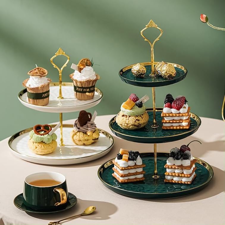 3-Tier Ceramic Cupcake Stand with Gold Trim - Elegant Dessert Serving Platter for Cakes, Pastries, Snacks &, alternate view 4