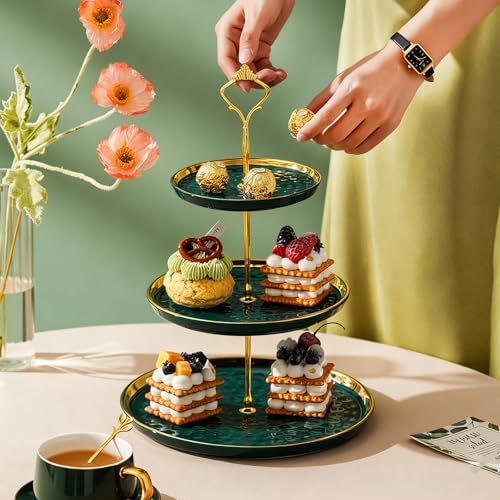 3-Tier Ceramic Cupcake Stand with Gold Trim - Elegant Dessert Serving Platter for Cakes, Pastries, Snacks &, alternate view 6