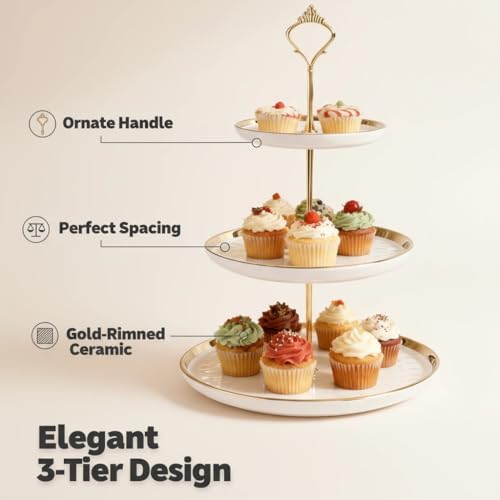 3-Tier Ceramic Cupcake Stand with Gold Trim - Elegant Dessert Serving Platter for Cakes, Pastries, Snacks &, alternate view 7