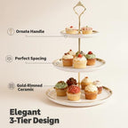 3-Tier Ceramic Cupcake Stand with Gold Trim - Elegant Dessert Serving Platter for Cakes, Pastries, Snacks &, alternate view 7